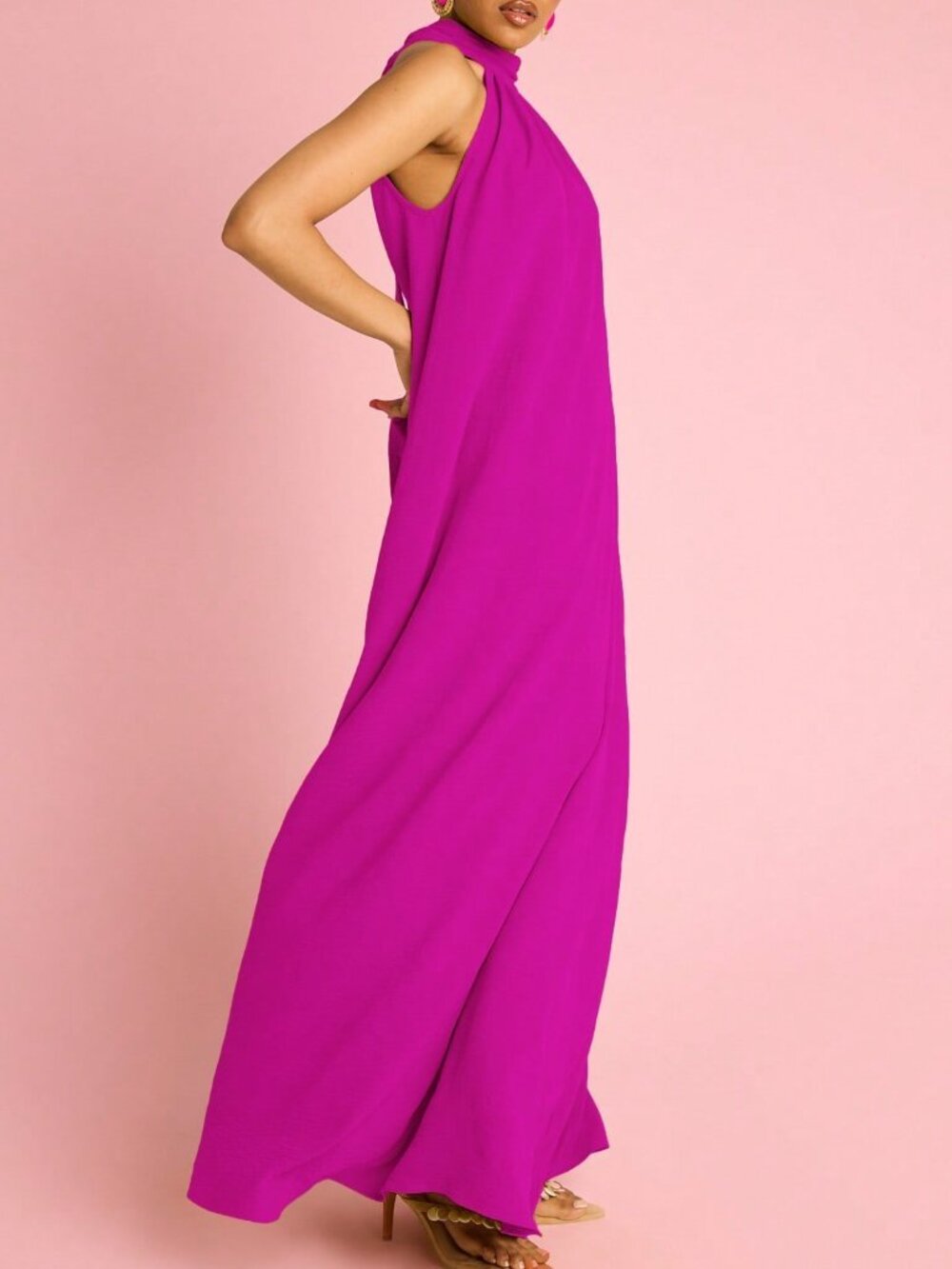 Hot Pink Elegant Boho Women's Halterneck Flowing Trapeze Maxi Dress - Picture 5 of 6